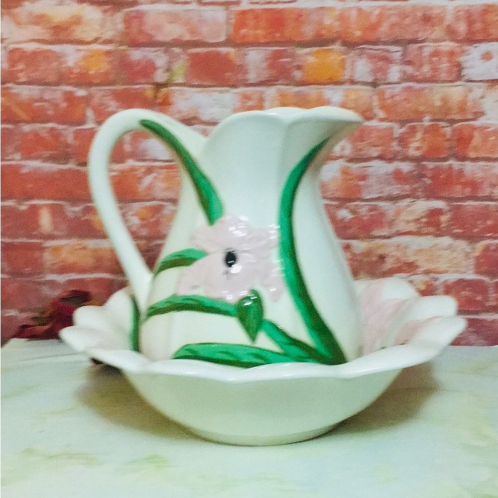 Vintage Handmade White Ceramic Pitcher and Bowl Set with Pink and Floral Accent